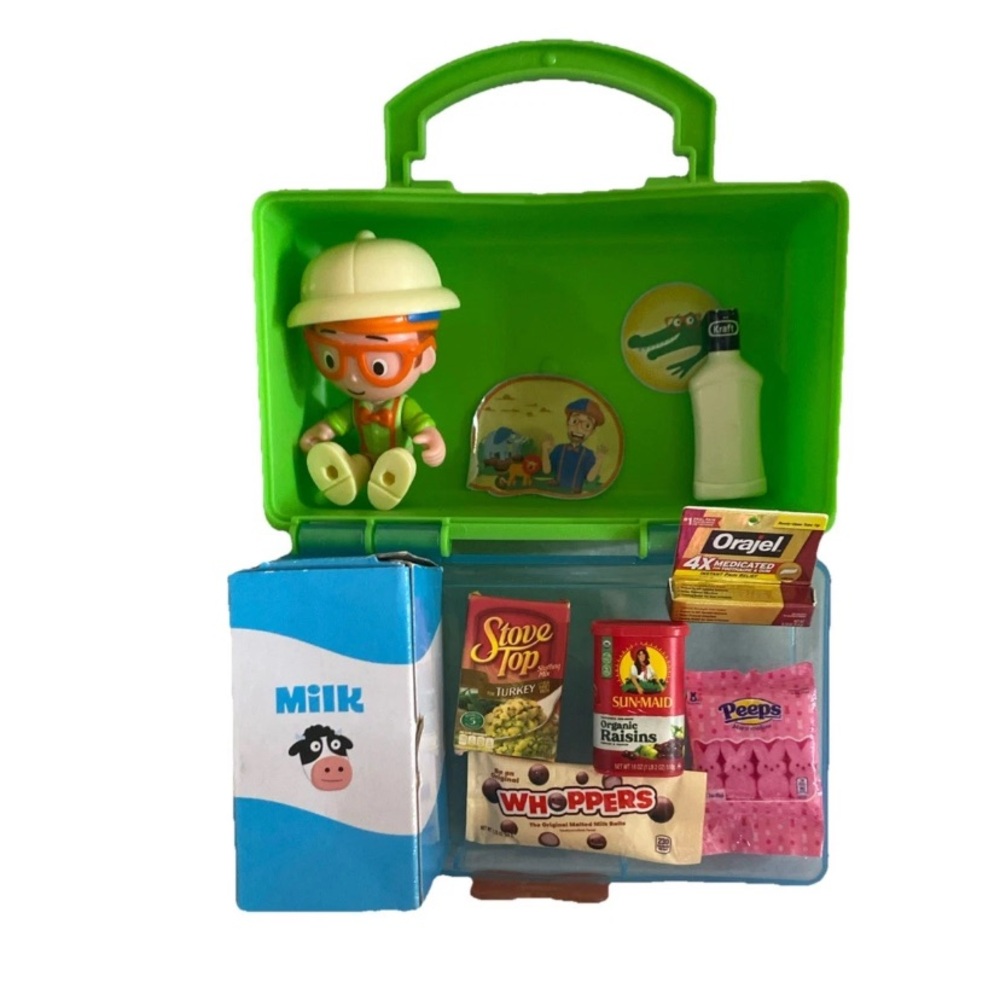 Blippi Lunch Box Surprise Toy And Mini Brands Whoppers Stove Top Raisin Orajel